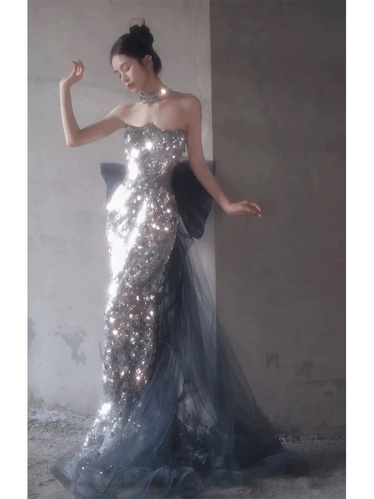 Elegant Mermaid Strapless Sleeveless Silver Gray Sequin Long Prom Dresses Party Formal Graduation Dress AU178