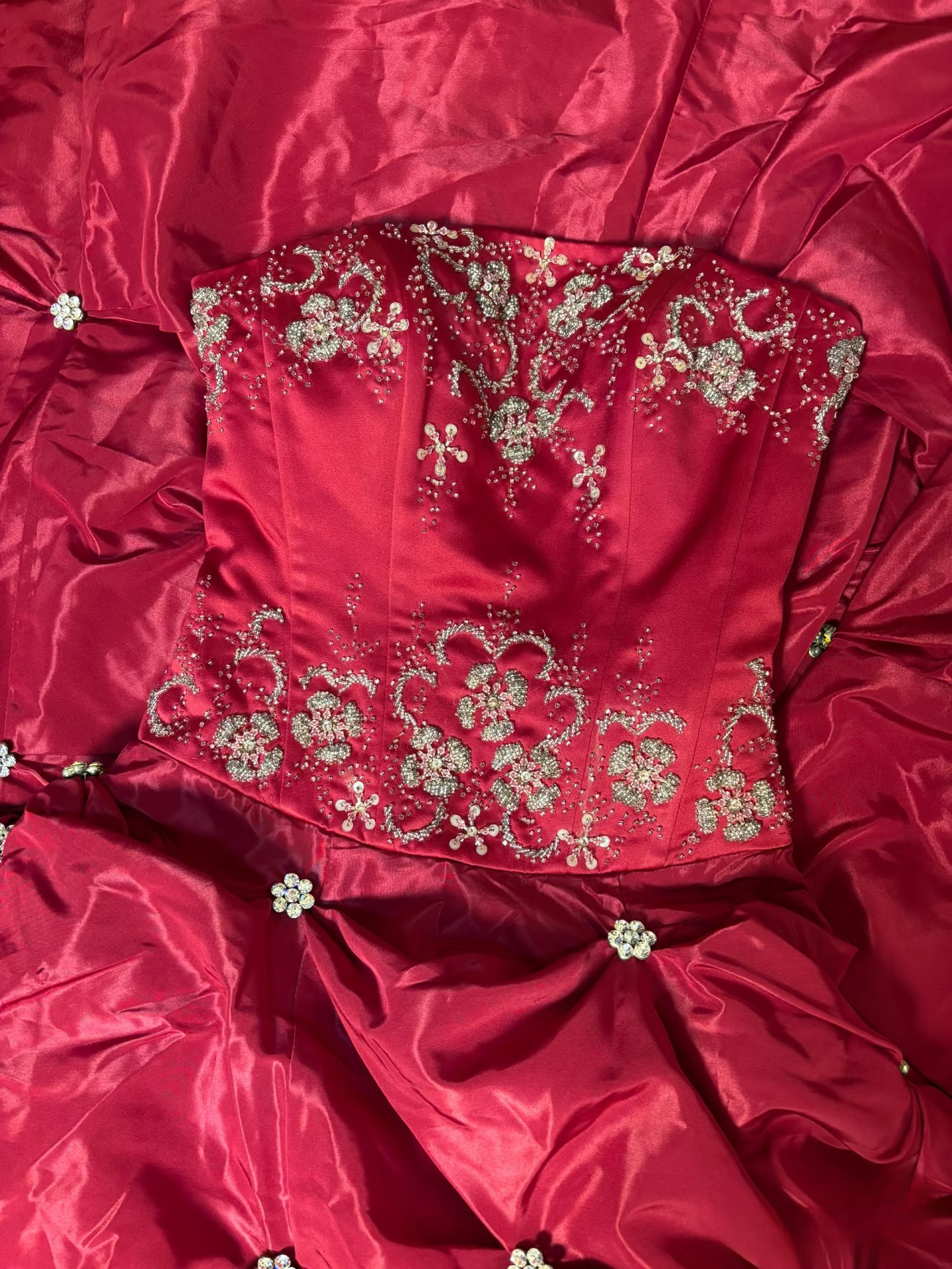 Retro-Ballkleid, trägerlos, rot, langes Abendkleid, 80er/70er Jahre, AU183