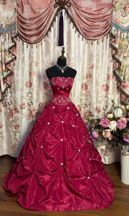 Retro-Ballkleid, trägerlos, rot, langes Abendkleid, 80er/70er Jahre, AU183