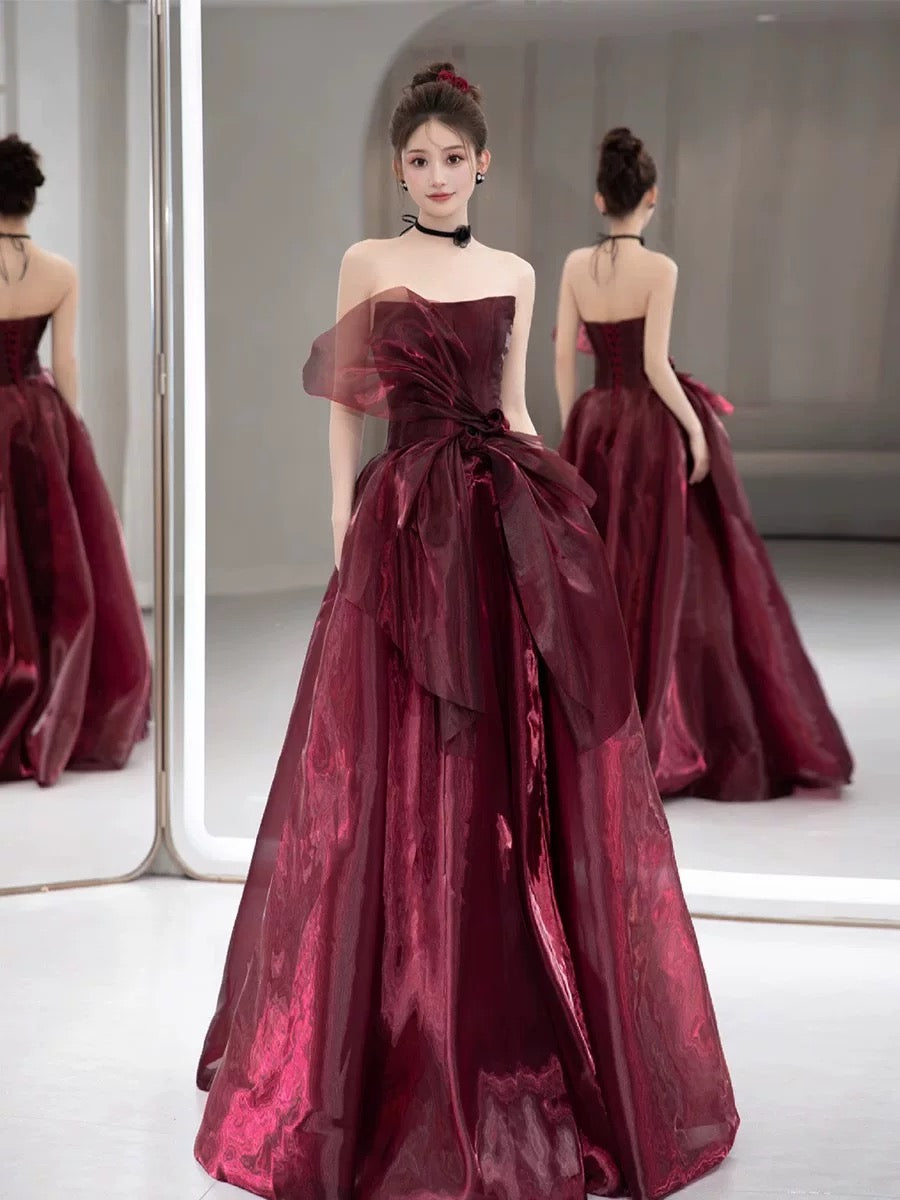 Elegant Ball Gown Strapless Sleeveless Burgundy Floor Length Prom Dress Inspiration Ideas Prom Inspo Dresses Graduation Dress AU184