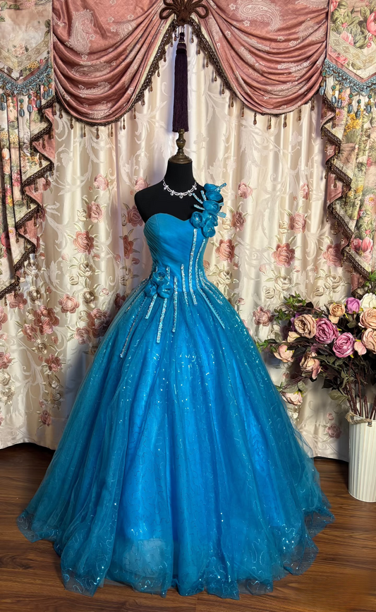 Charming Ball Gown One Shoulder Blue Tulle Beaded Long Quinceanera Dress Sweet 15 16 Dresses AU185