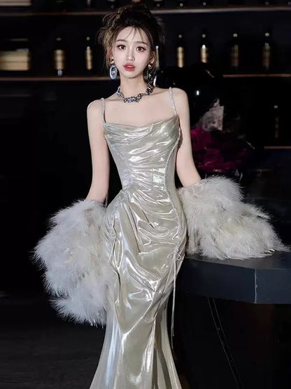 Sexy Mermaid Spaghetti Straps Sequin Long Prom Dresses With Beads Party Dress Birthday Outfits Graduation Dress AU186