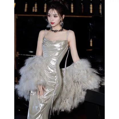 Sexy Mermaid Spaghetti Straps Sequin Long Prom Dresses With Beads Party Dress Birthday Outfits Graduation Dress AU186