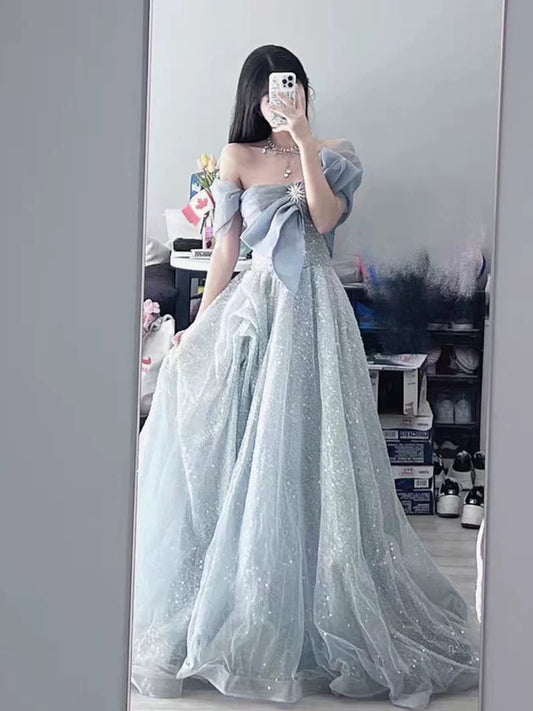 Beautiful Ball Gown Off The Shoulder Gray Sequin Prom Dress Inspiration Long Party Formal Prom Dresses AU187