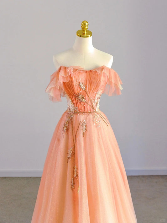 Cute A Line Off The Shoulder Orange Tulle Prom Dresses Long Evening Party Formal Outfits RB6620