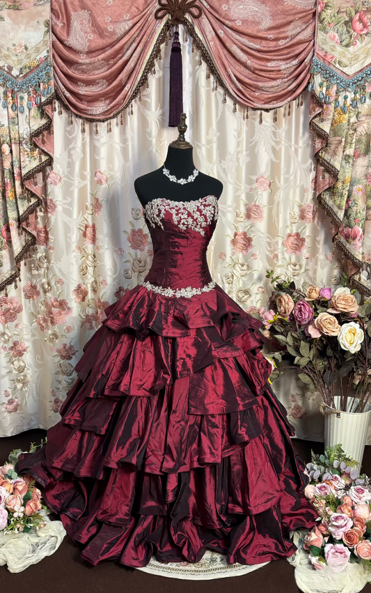 Retro-Ballkleid, trägerlos, weinrot, burgunderfarben, Taft, langes Abendkleid, 80er/70er Jahre, 190 AU$
