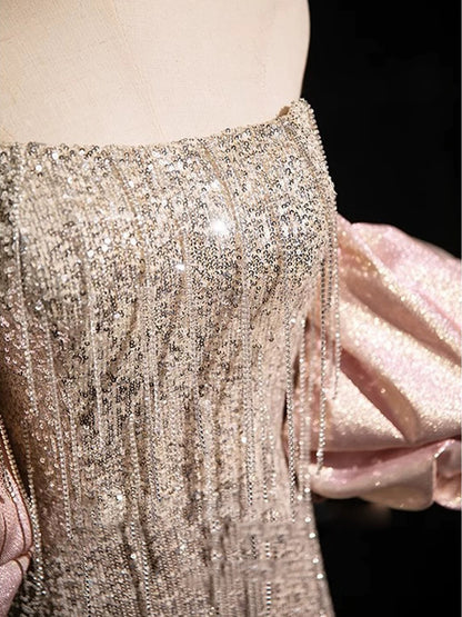 Sexy A Line Strapless Sequin Long Prom Dresses With Sleeves Party Dress Birthday Outfits Graduation Dress AU191