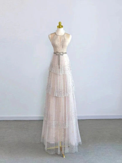 Sparkly A Line Scoop Champagne With Beading Tulle Prom Dresses Long Evening Party Formal Outfits RB6621