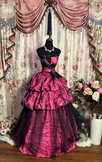 Retro-Ballkleid, trägerlos, pinkfarbener Satin, schwarzer Tüll, langes Abendkleid im Stil der 70er und 80er Jahre, AU192