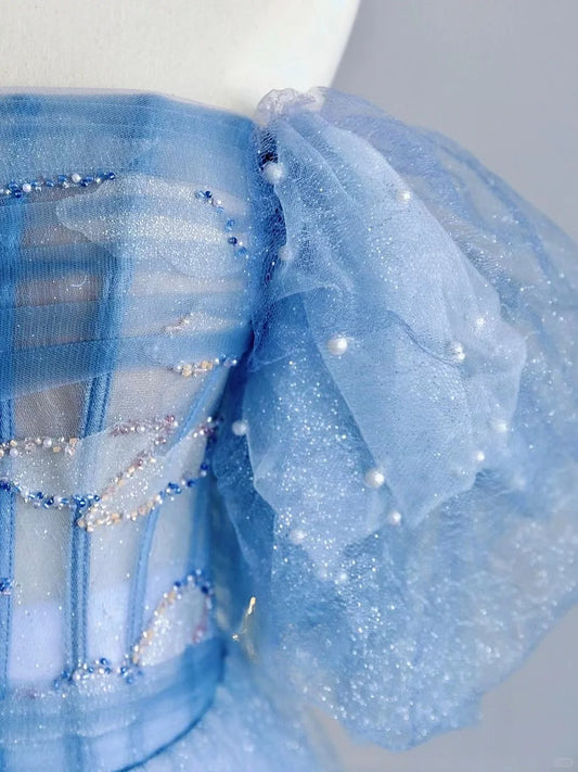 Pretty A line Off The Shoulder Blue Tulle With Sleeves Prom Dresses Long Evening Party Formal Outfits RB6622