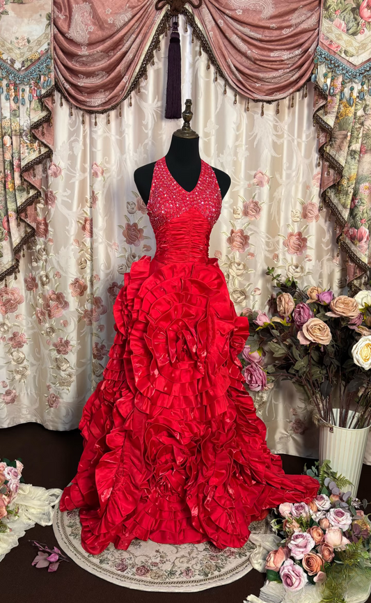 Retro-Ballkleid, Neckholder, roter Satin mit silbernen Perlen, langes Abendkleid im Stil der 70er und 80er Jahre, AU193