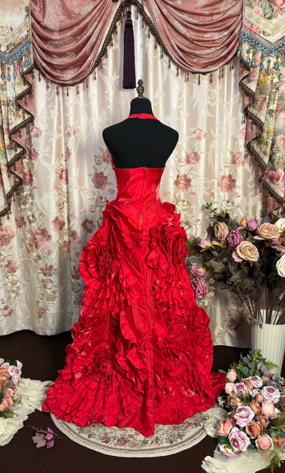 Retro-Ballkleid, Neckholder, roter Satin mit silbernen Perlen, langes Abendkleid im Stil der 70er und 80er Jahre, AU193