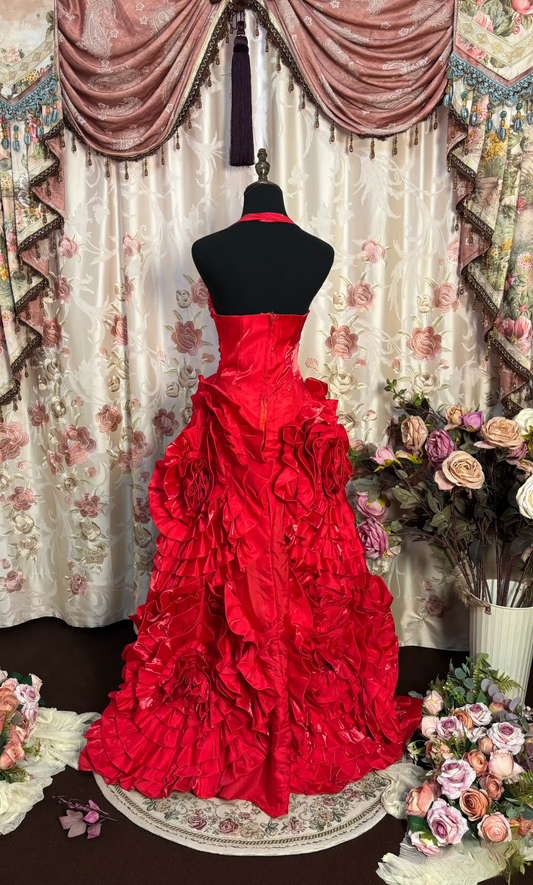 Retro-Ballkleid, Neckholder, roter Satin mit silbernen Perlen, langes Abendkleid im Stil der 70er und 80er Jahre, AU193