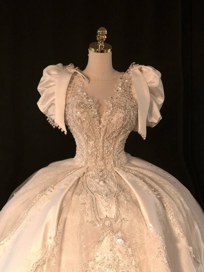 Fairy-tale Ball Gown V Neckline With Half Sleeves Pearls Lace Tulle Brides Gown Bridal Dress Wedding Dresses Style RB6625