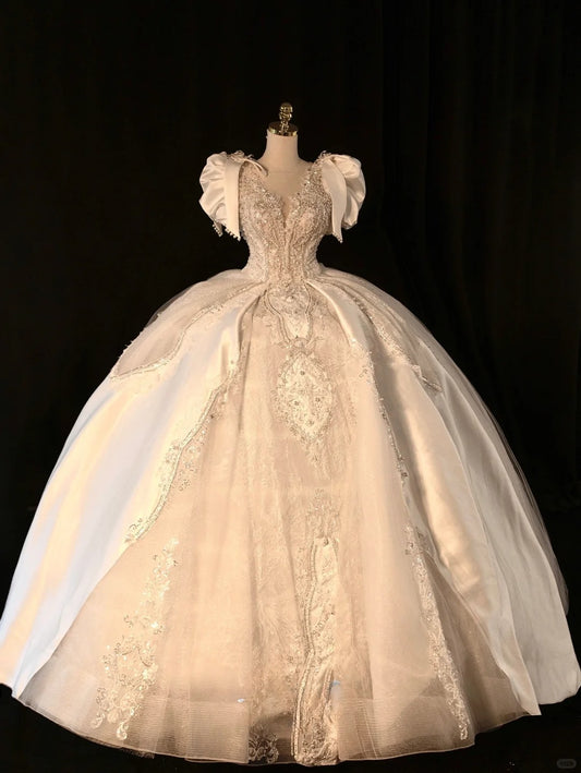 Fairy-tale Ball Gown V Neckline With Half Sleeves Pearls Lace Tulle Brides Gown Bridal Dress Wedding Dresses Style RB6625