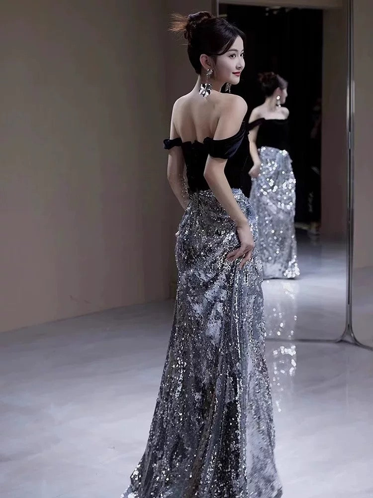 Sexy A Line Off The Shoulder Silver Sequin Long Prom Dresses With Sleeves Party Dress Birthday Outfits Graduation Dress AU196