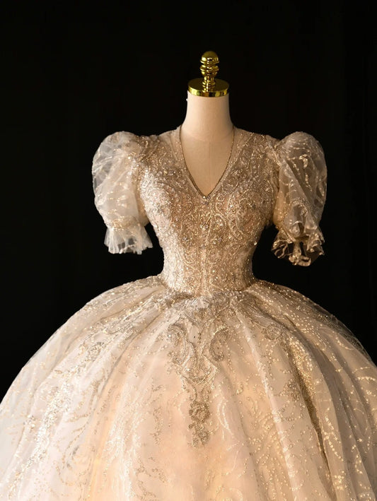 Fairy-tale Ball Gown V Neckline With Half Sleeves Pearls Sequined Long Brides Gown Bridal Dress Wedding Dresses Style RB6626