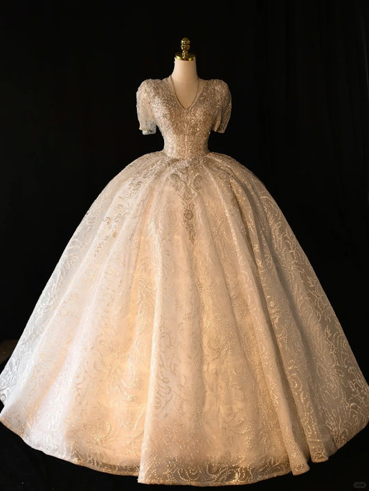 Fairy-tale Ball Gown V Neckline With Half Sleeves Pearls Sequined Long Brides Gown Bridal Dress Wedding Dresses Style RB6626