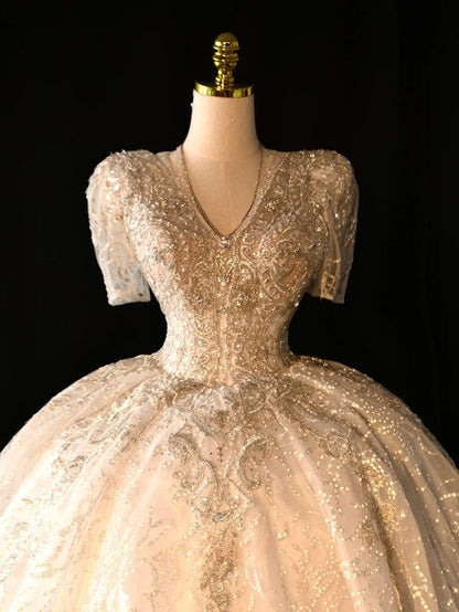 Fairy-tale Ball Gown V Neckline With Half Sleeves Pearls Sequined Long Brides Gown Bridal Dress Wedding Dresses Style RB6626