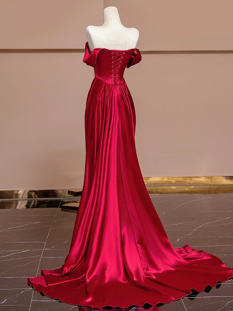 Modest Mermaid Off The Shoulder Red Satin Long Prom Dresses With Sleeves Party Dress Birthday Outfits Graduation Dress AU197