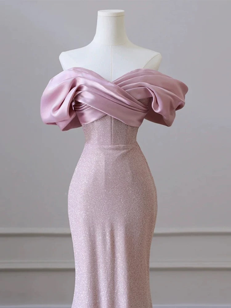 Modest Mermaid Off The Shoulder Pink Sequin Long Prom Dresses With Sleeves Party Dress 18th Birthday Outfits Graduation Dress AU199