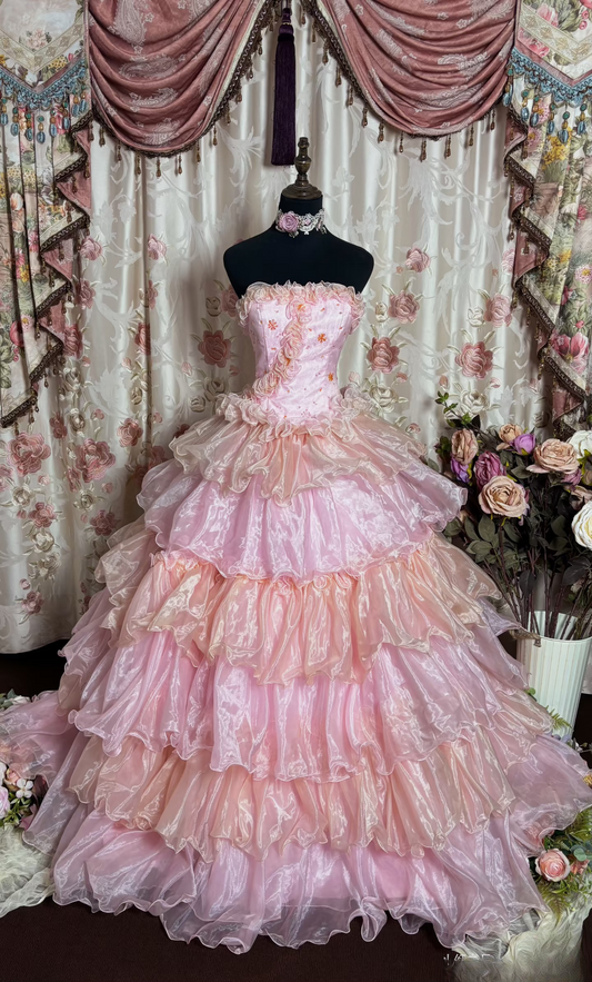 Charming Ball Gown Strapless Multi Pink Tulle Beaded Long Quinceanera Dress Sweet 15 16 Dresses AU199