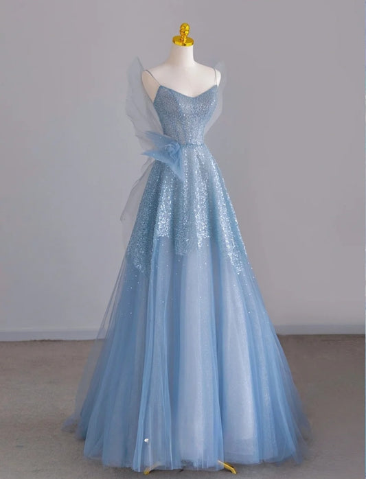 Sparkly A Line Spaghetti Strap Blue With Sequin Tulle Prom Dresses Long Evening Party Formal Outfits RB6629