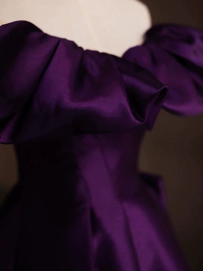 Modest Ball Gown Off The Shoulder Grape Satin Long Prom Dresses With Sleeves Party Dress 18th Birthday Outfits Graduation Dress AU200