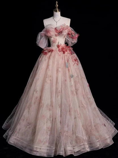 Modest Ball Gown Off The Shoulder Pink Tulle Long Prom Dresses With Sleeves Party Dress 18th Birthday Outfits Graduation Dress AU201