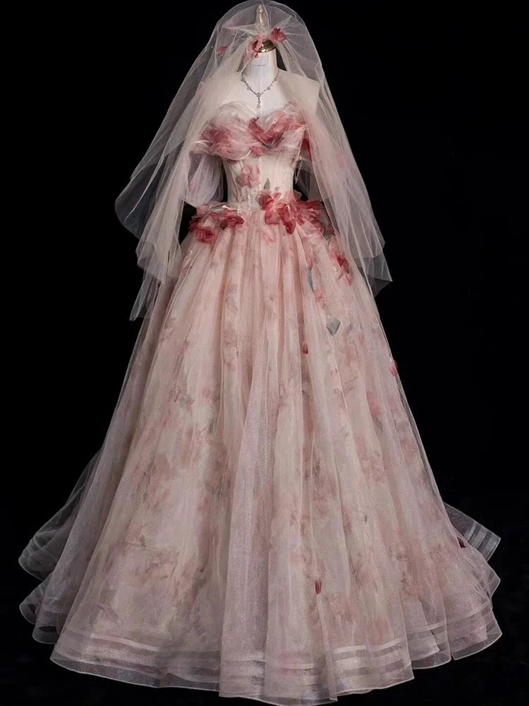 Modest Ball Gown Off The Shoulder Pink Tulle Long Prom Dresses With Sleeves Party Dress 18th Birthday Outfits Graduation Dress AU201