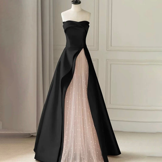 Sexy Ball Gown Strapless Black Satin Prom Dress Inspiration Long Party Formal Prom Dresses AU202
