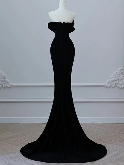 Elegant Mermaid Strapless Sleeveless Black Beads Long Prom Dresses Party Formal Graduation Dress AU203