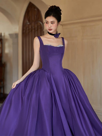Modest Ball Gown Square Neck Grape Satin Long Prom Dresses Party Dress 18th Birthday Outfits Graduation Dress AU204
