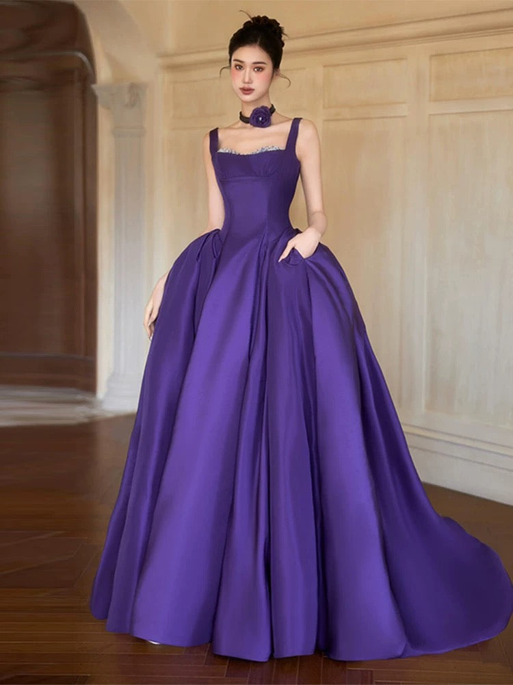 Modest Ball Gown Square Neck Grape Satin Long Prom Dresses Party Dress 18th Birthday Outfits Graduation Dress AU204