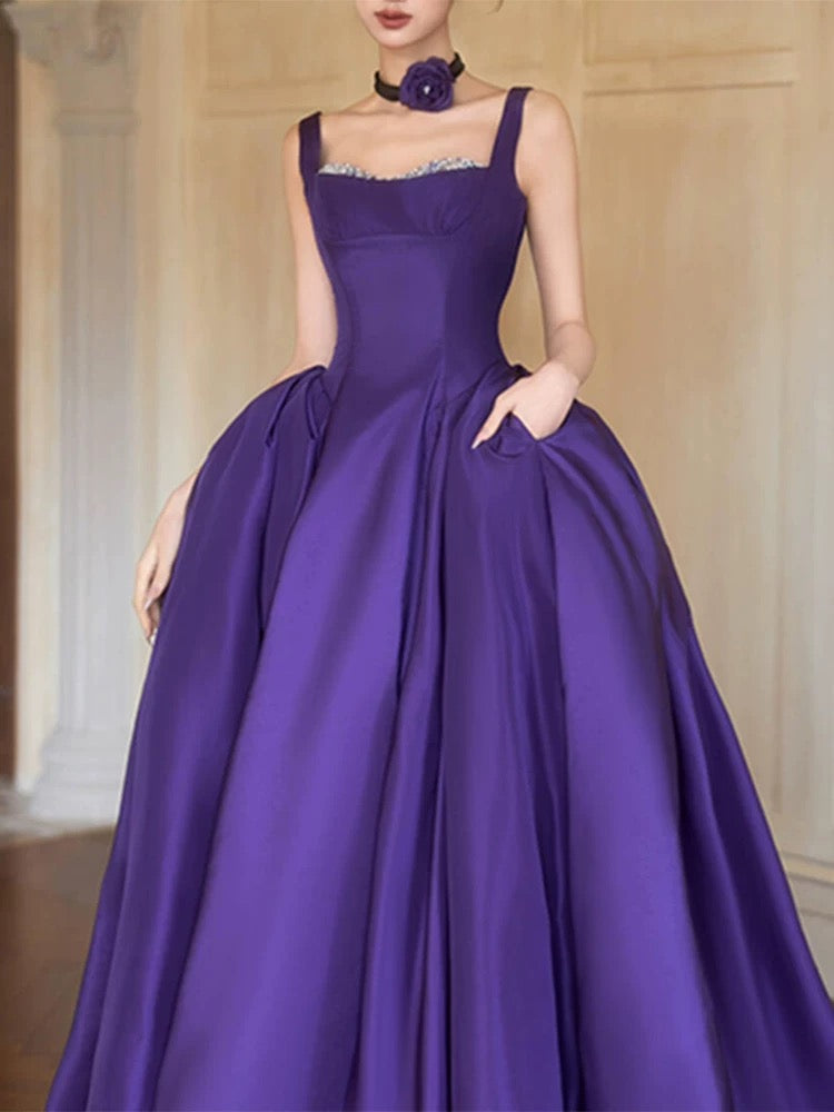 Modest Ball Gown Square Neck Grape Satin Long Prom Dresses Party Dress 18th Birthday Outfits Graduation Dress AU204