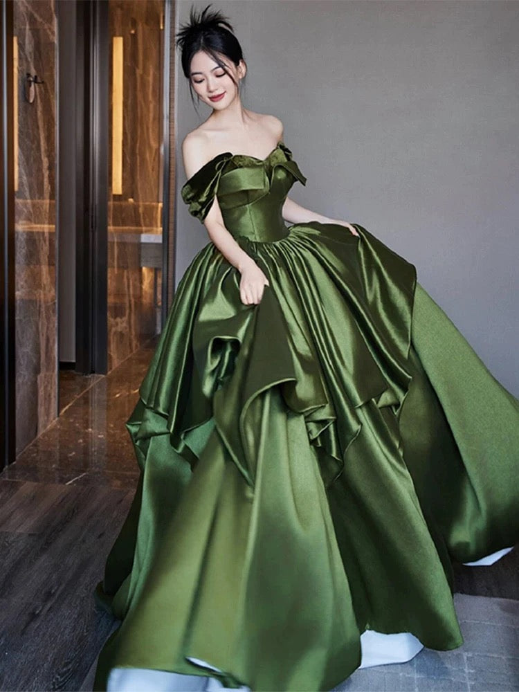 Modest Ball Gown Off The Shoulder Green Satin Long Prom Dresses Party Dress 18th Birthday Outfits Graduation Dress AU206