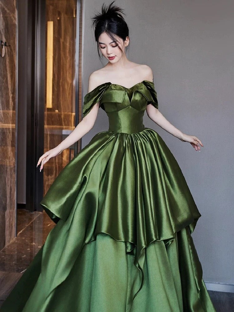 Modest Ball Gown Off The Shoulder Green Satin Long Prom Dresses Party Dress 18th Birthday Outfits Graduation Dress AU206
