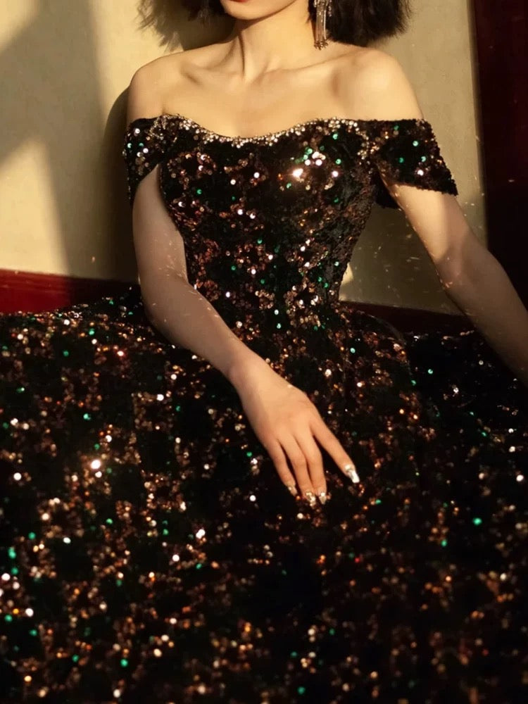Modest Ball Gown Off The Shoulder Black Sequin Long Prom Dresses Party Dress 20th Birthday Outfits Graduation Dress AU208