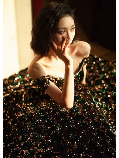 Modest Ball Gown Off The Shoulder Black Sequin Long Prom Dresses Party Dress 20th Birthday Outfits Graduation Dress AU208