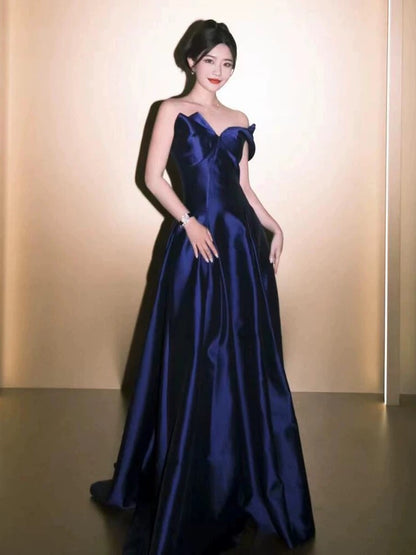 Classy A Line One Shoulder Navy Blue Satin Sleeveless Long Prom Dresses Party Formal Graduation Dress AU209