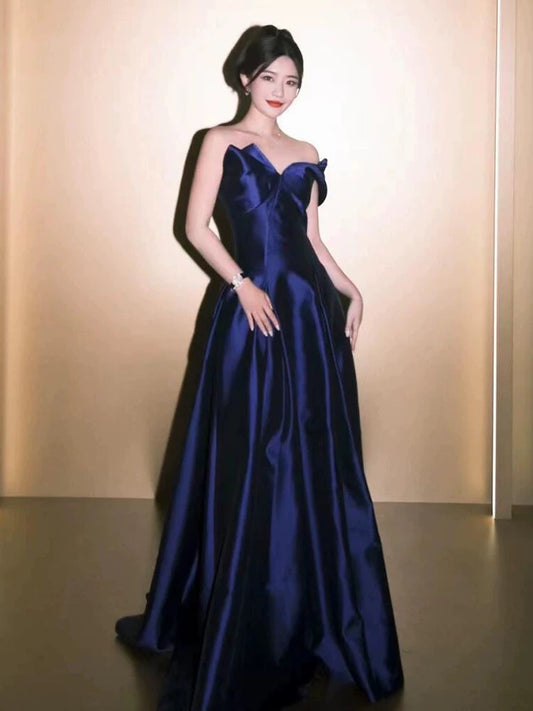 Classy A Line One Shoulder Navy Blue Satin Sleeveless Long Prom Dresses Party Formal Graduation Dress AU209