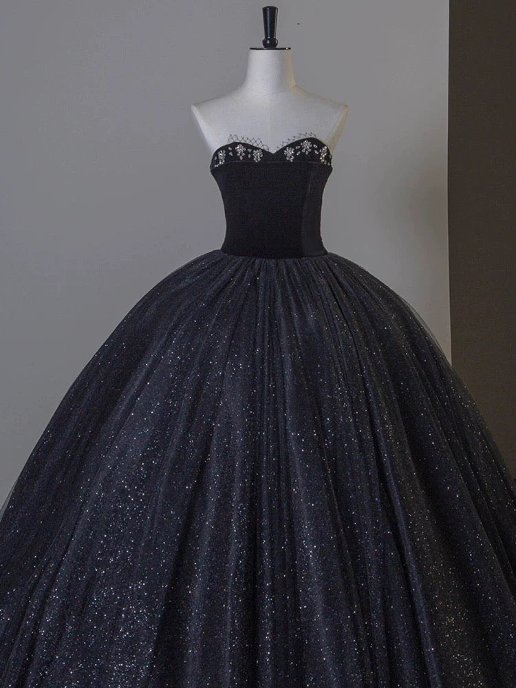 Sexy Ball Gown Sweetheart Black Tulle Silver Beads Prom Dress Inspiration Long Party Formal Prom Dresses AU211