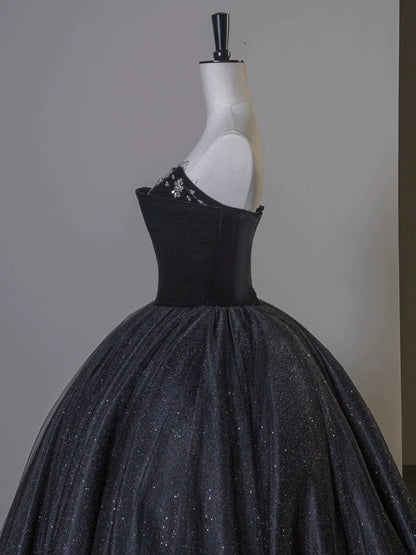 Sexy Ball Gown Sweetheart Black Tulle Silver Beads Prom Dress Inspiration Long Party Formal Prom Dresses AU211