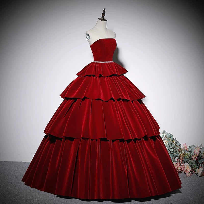Charming Ball Gown Strapless Red Velvet Prom Dresses Inspiration Prom Dress Princess Graduation Dress AU212