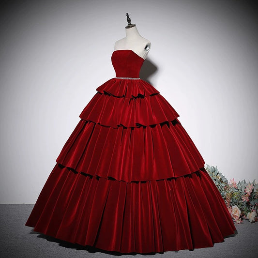 Charming Ball Gown Strapless Red Velvet Prom Dresses Inspiration Prom Dress Princess Graduation Dress AU212