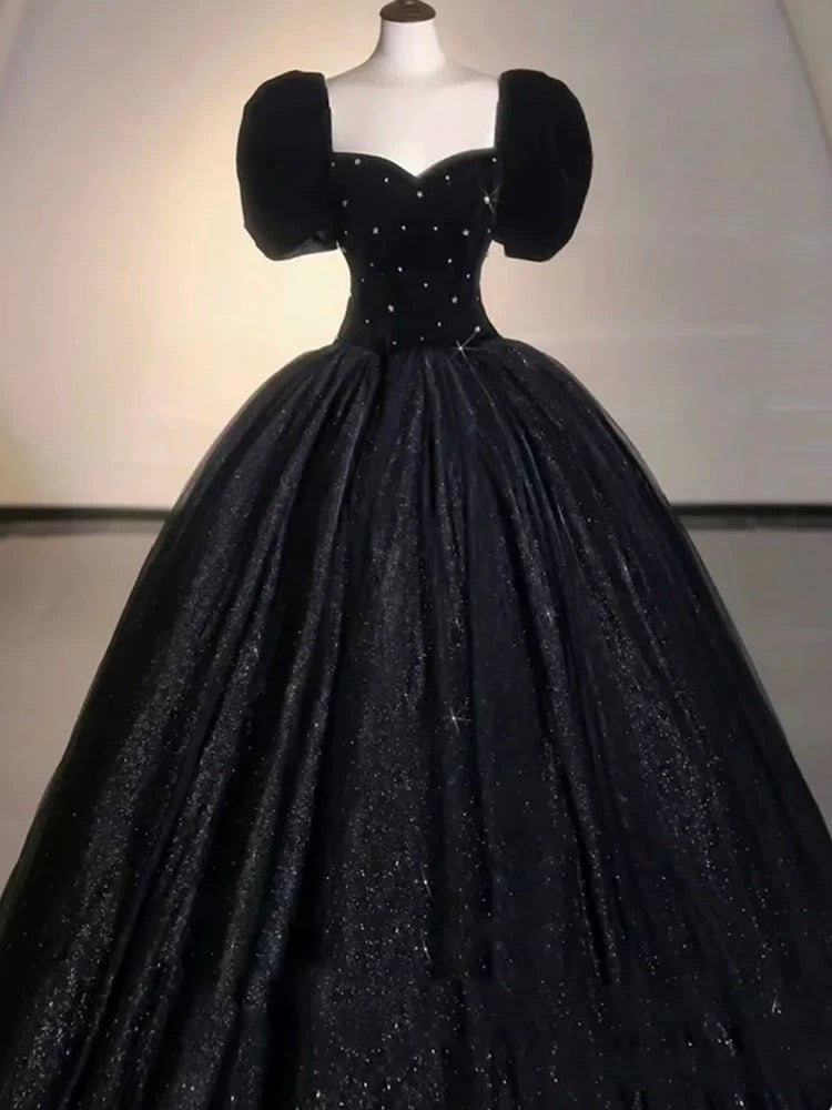 Elegant Ball Gown Sweetheart Short Sleeves Black Prom Dress Inspiration Ideas Prom Inspo Dresses Party Dress AU215
