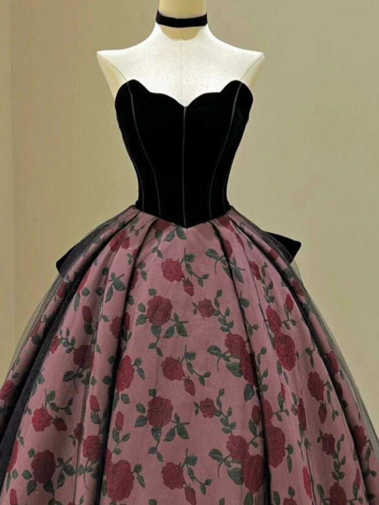 Sexy Ball Gown Sweetheart Black Velvet Pink Floral Prom Dress Inspiration Long Party Formal Prom Dresses AU216
