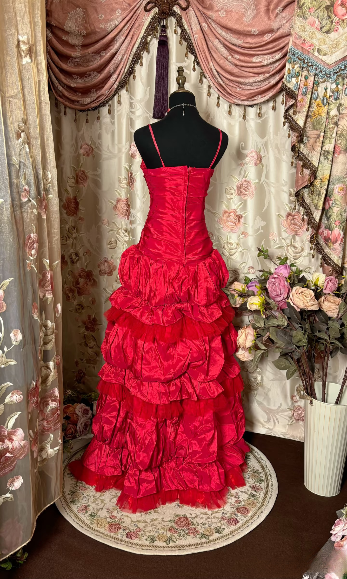 Retro-Abendkleider, Ballkleid mit Spaghettiträgern, rot, Vintage-Mode, Taft, langes Abendkleid, Partykleid AU224