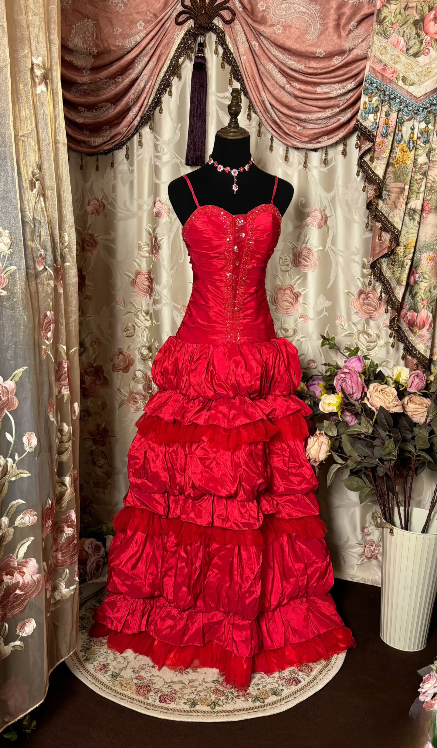 Retro-Abendkleider, Ballkleid mit Spaghettiträgern, rot, Vintage-Mode, Taft, langes Abendkleid, Partykleid AU224
