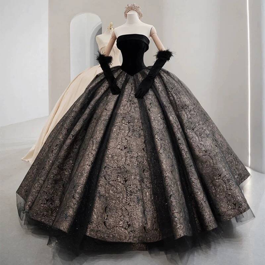 Black Quinceanera Dresses Ball Gown Strapless Velvet Prom Gowns Vestidos De 15 Anos Formal Party Long Sweet 16 Dress AU225